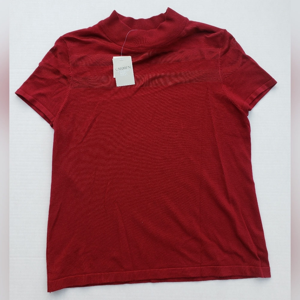 Carmen Marc Valvo Womens Short Sleeve Top with Mesh Detail Sz XL Cranberry